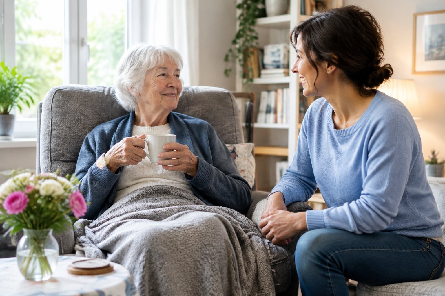 Eine ältere Person sitzt entspannt zu Hause, während eine Betreuungskraft ihr Gesellschaft leistet.